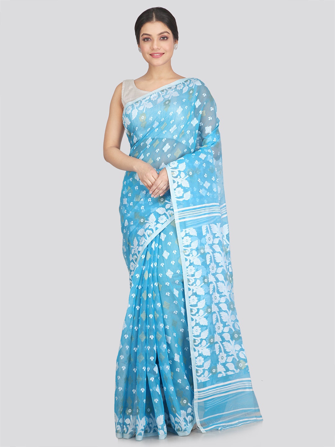 

PinkLoom Floral Woven Design Pure Cotton Saree, Blue
