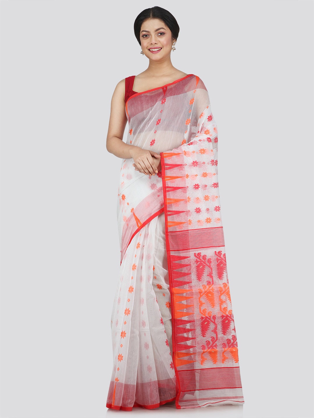 

PinkLoom Ethnic Motifs Woven Design Pure Cotton Jamdani Saree, White