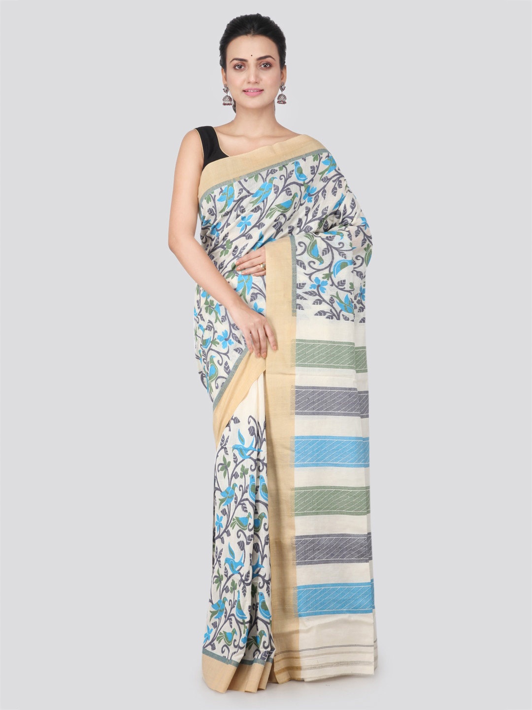 

PinkLoom Woven Design Jute Silk Jamdani Saree, Off white
