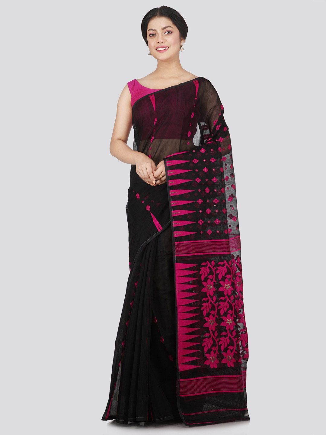 

PinkLoom Floral Woven Design Pure Cotton Jamdani Saree, Black