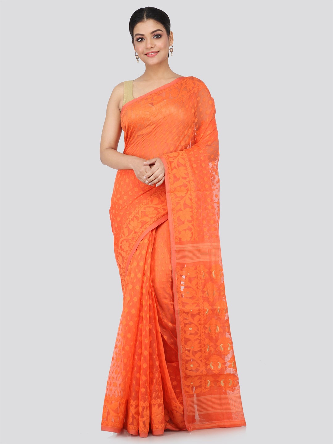 

PinkLoom Woven Design Pure Cotton Jamdani Saree, Orange