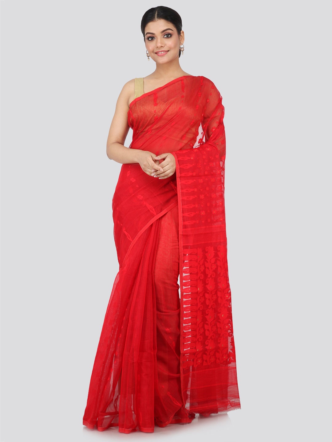 

PinkLoom Woven Design Pure Cotton Jamdani Saree, Red