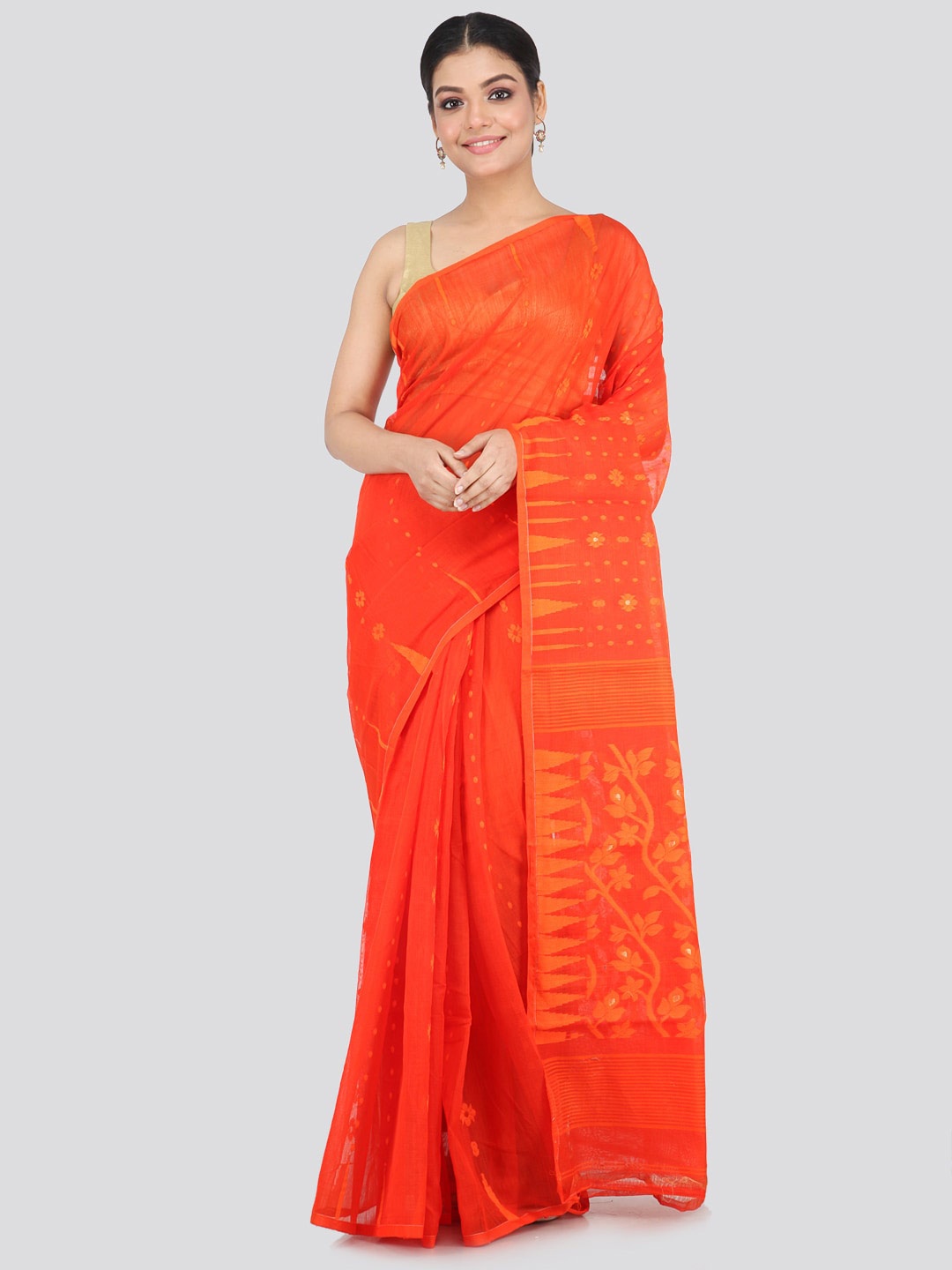 

PinkLoom Ethnic Motifs Woven Design Pure Cotton Jamdani Saree, Orange