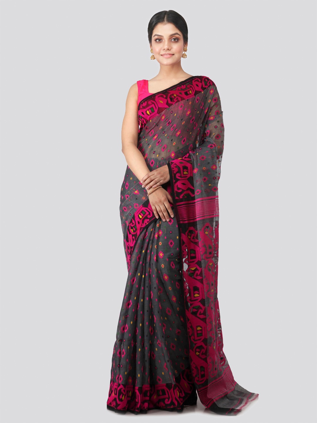 

PinkLoom Woven Design Pure Cotton Jamdani Saree, Grey