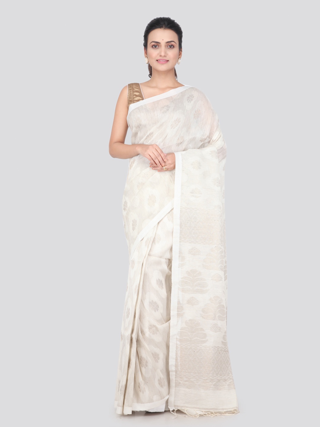 

PinkLoom Ethnic Motifs Woven Design Pure Linen Saree, White