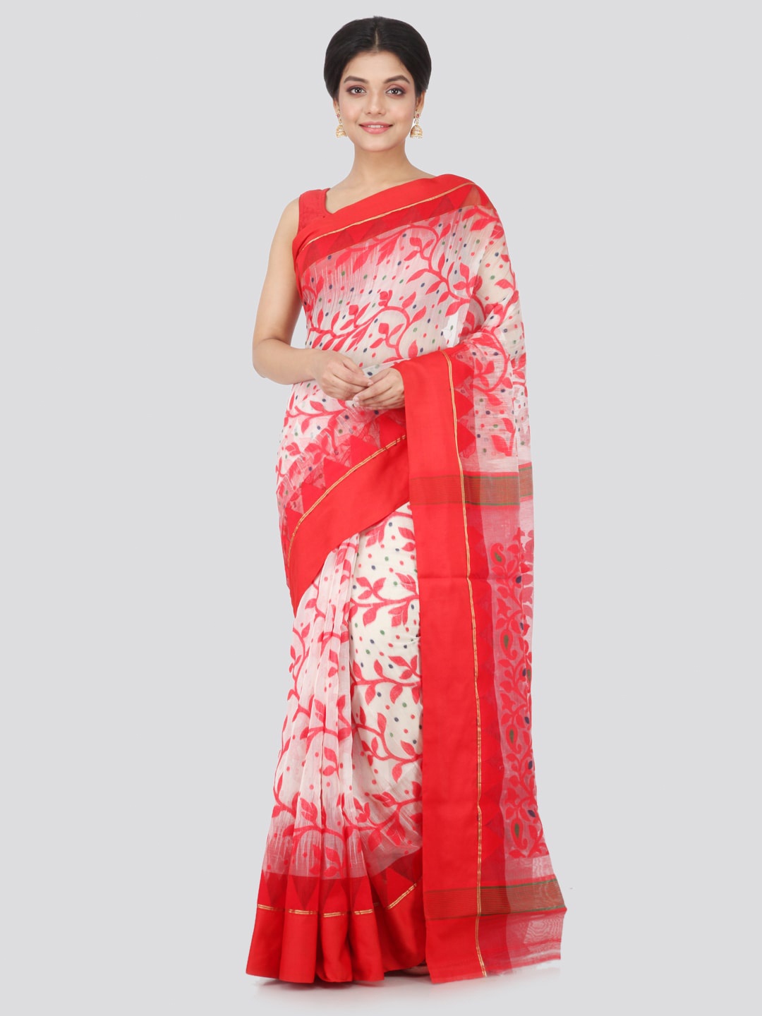 

PinkLoom Floral Woven Design Pure Cotton Jamdani Saree, White