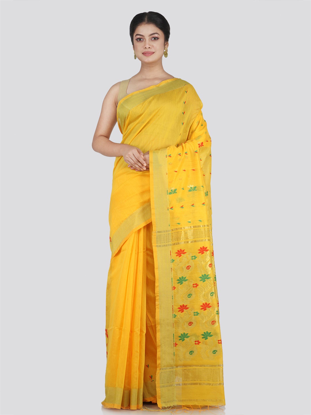 

PinkLoom Floral Motif Woven Design Zari Saree, Yellow