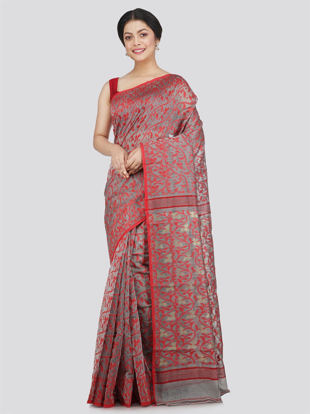 

PinkLoom Floral Pure Cotton Jamdani Saree, Grey