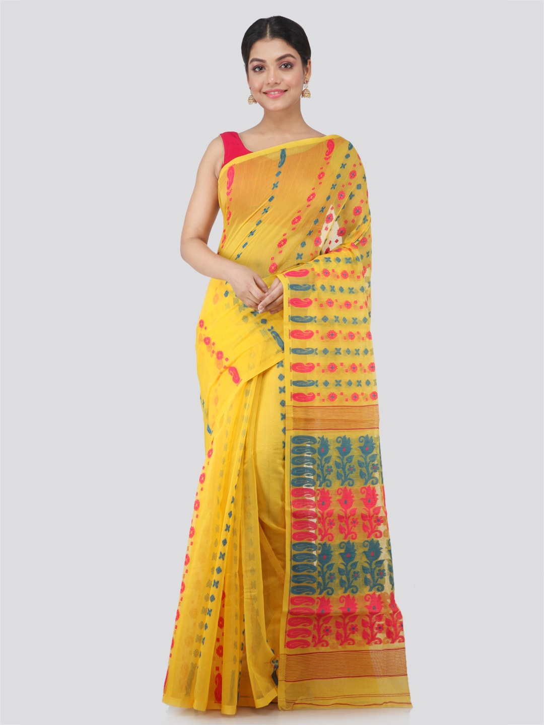 

PinkLoom Floral Woven Design Pure Cotton Jamdani Saree, Yellow