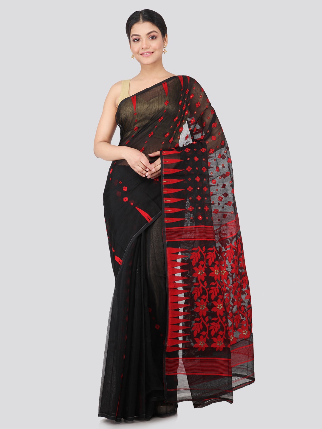 

PinkLoom Woven Design Jamdani Pure Cotton Saree, Black