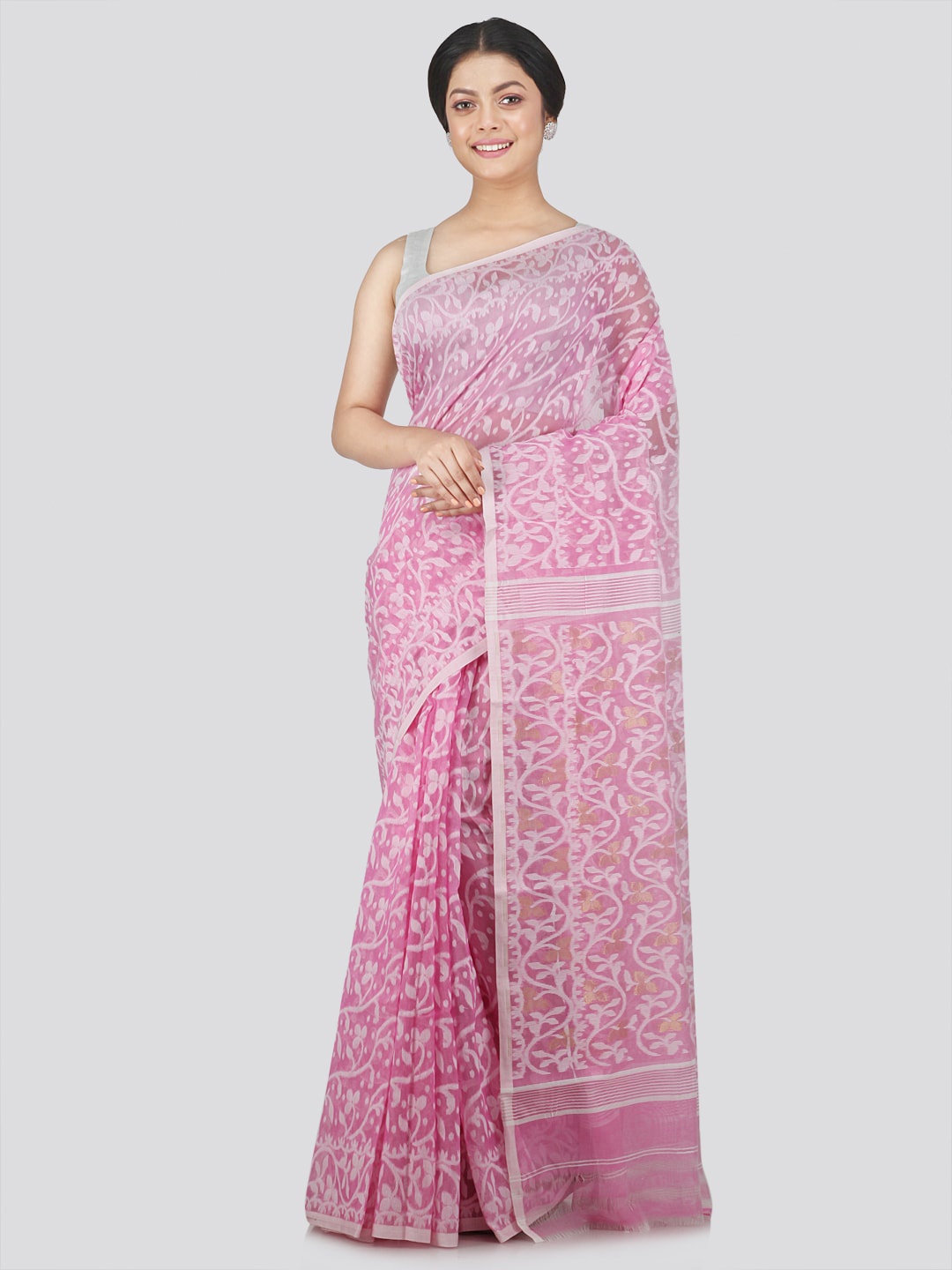 

PinkLoom Floral Woven Design Pure Cotton Jamdani Saree, Pink