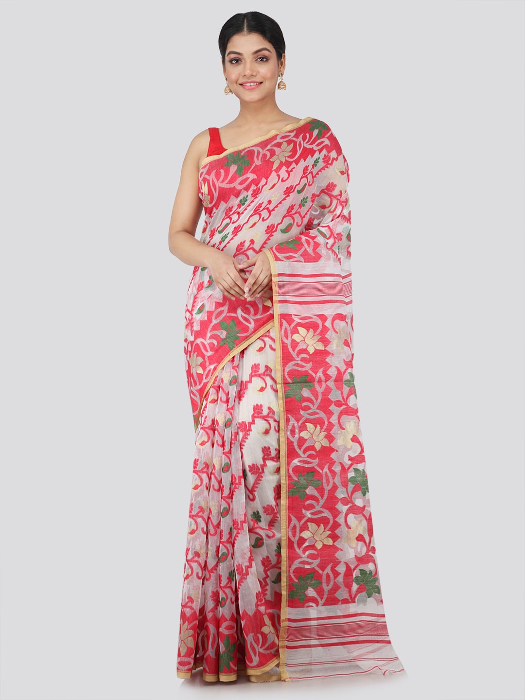 

PinkLoom Woven Design Pure Cotton Jamdani Saree, White