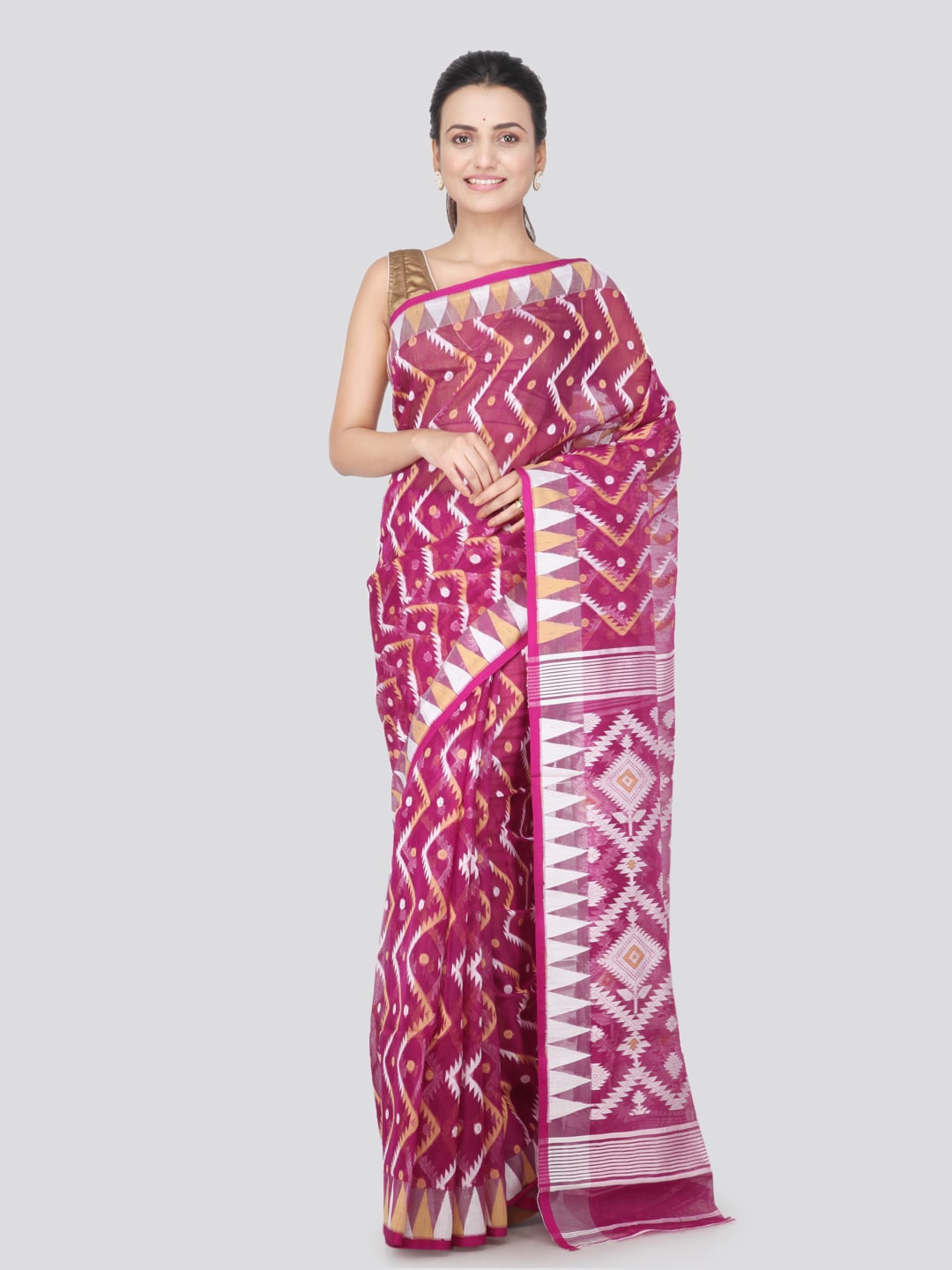 

PinkLoom Geometric Woven Design Pure Cotton Jamdani Saree, Magenta