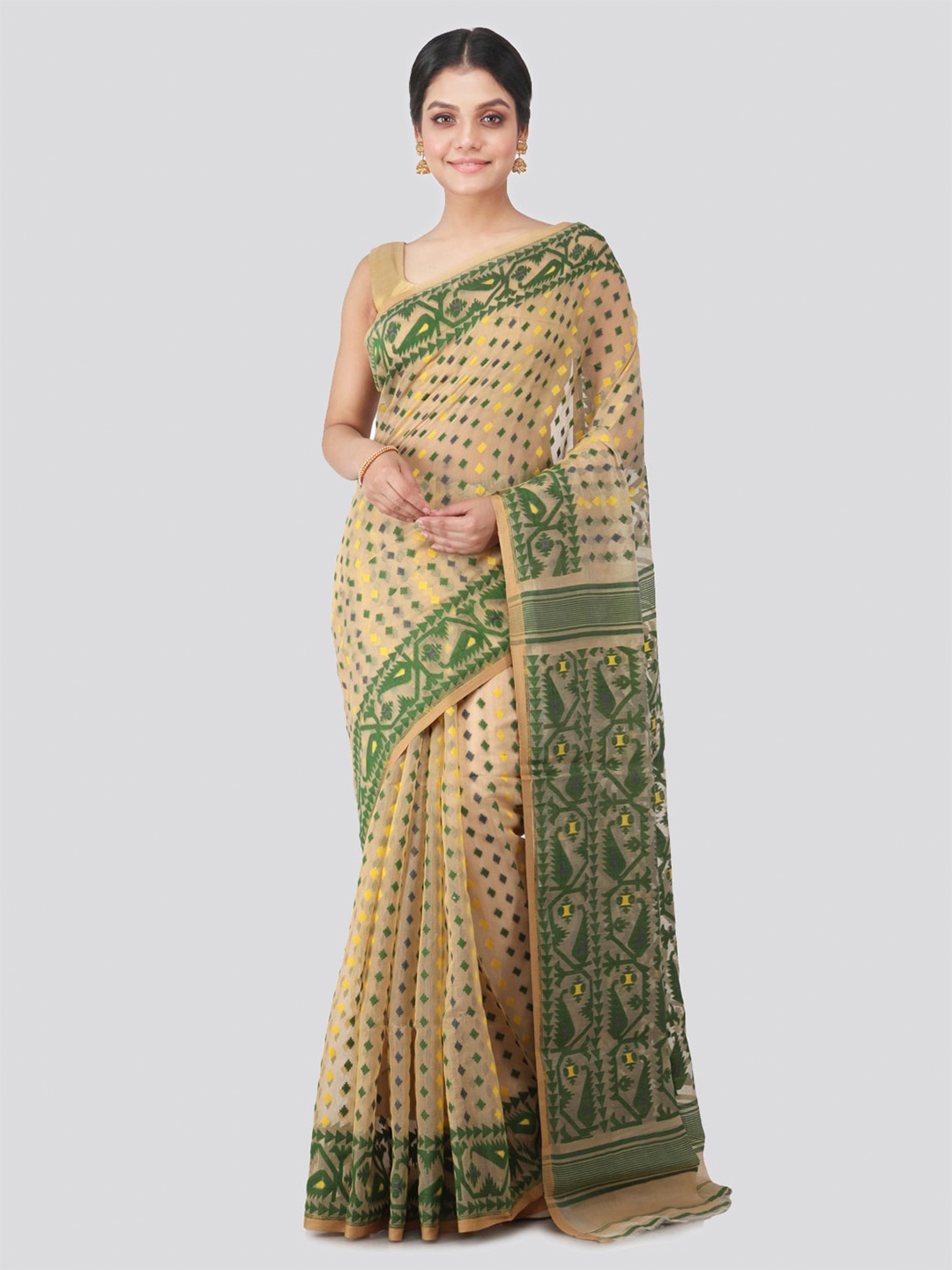 

PinkLoom Ethnic Motifs Woven Design Pure Cotton Jamdani Saree, Beige