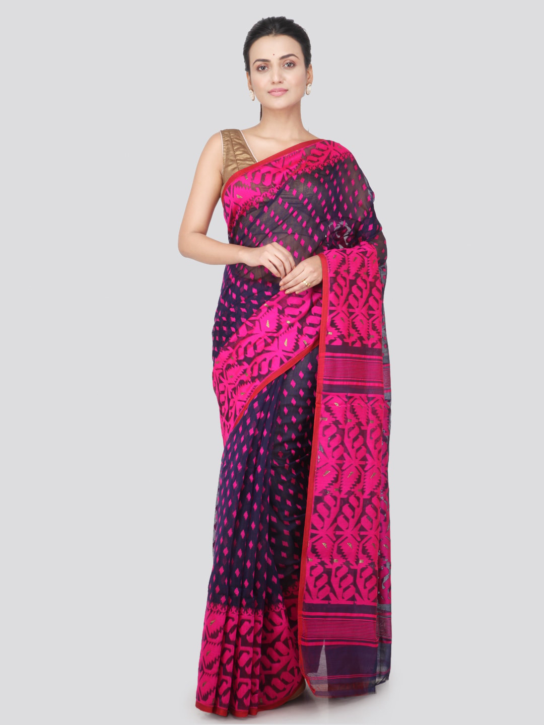 

PinkLoom Ethnic Motif Woven Design Pure Cotton Jamdani Saree, Navy blue