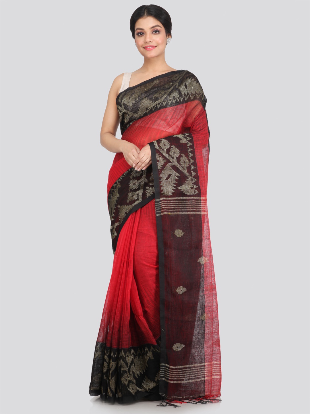 

PinkLoom Geometric Woven Design Pure Linen Saree, Maroon