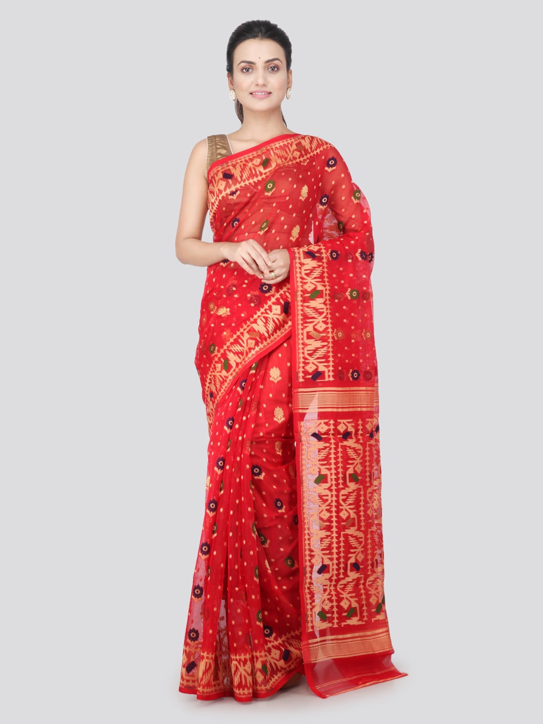 

PinkLoom Floral Woven Design Pure Cotton Jamdani Saree, Red
