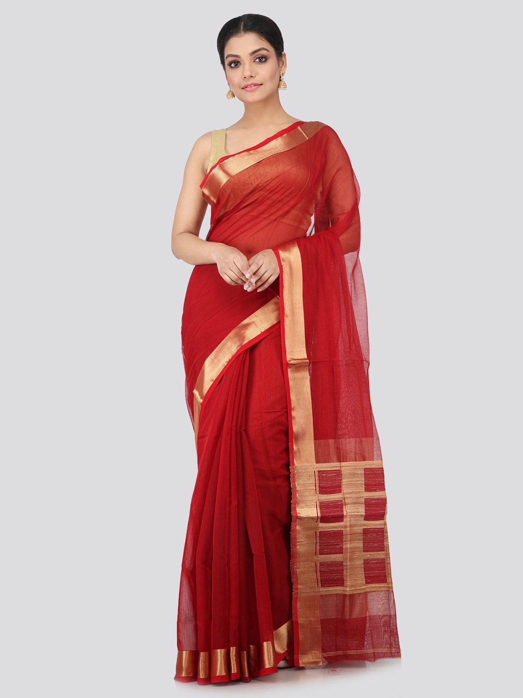 

PinkLoom Zari Border Cotton Blend Saree, Red