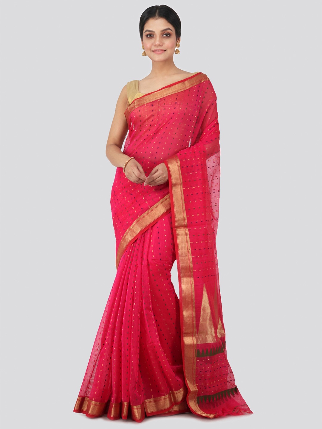 

PinkLoom Ethnic Motifs Woven Design Zari Cotton Blend Saree, Pink