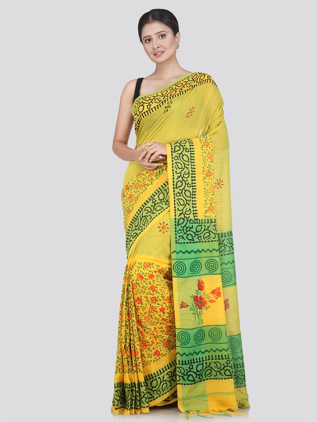 

PinkLoom Floral Printed Pure Cotton Saree, Yellow