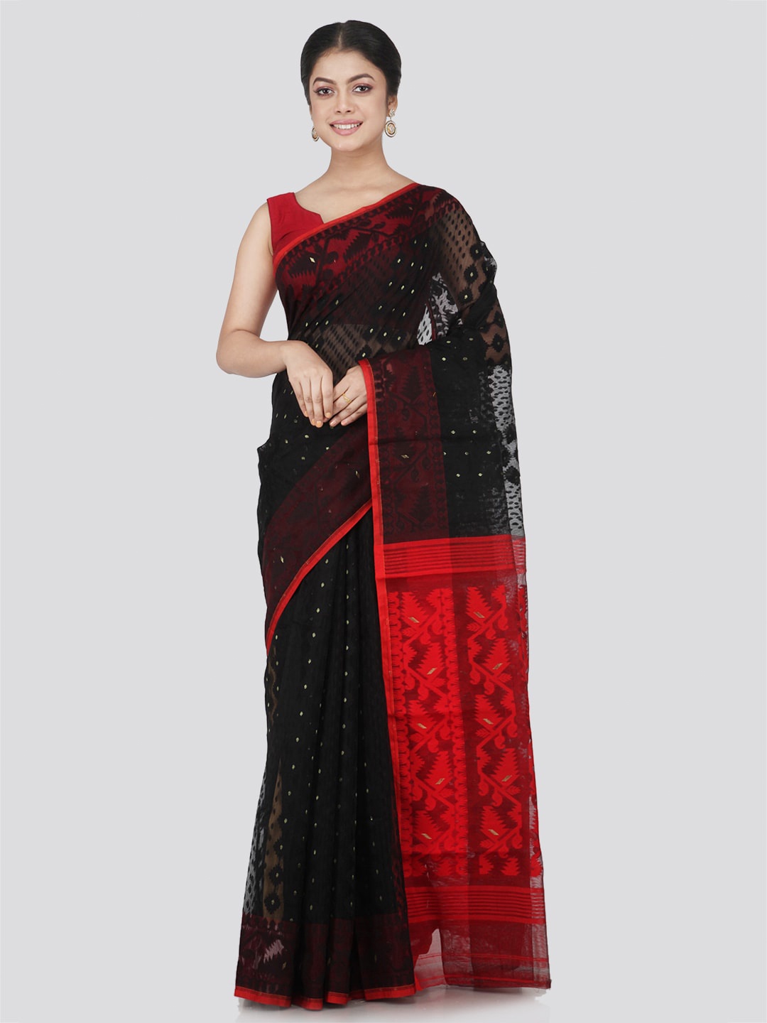 

PinkLoom Ethnic Motifs Woven Design Beads and Stones Pure Cotton Jamdani Saree, Black