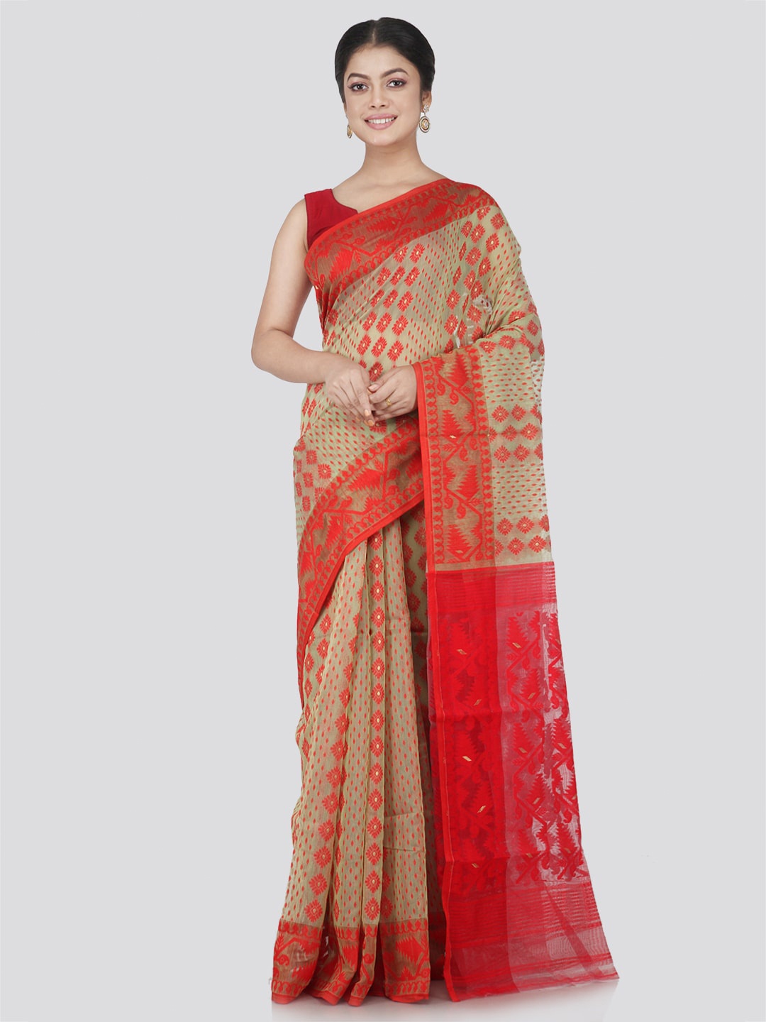 

PinkLoom Woven Design Pure Cotton Jamdani Saree, Green