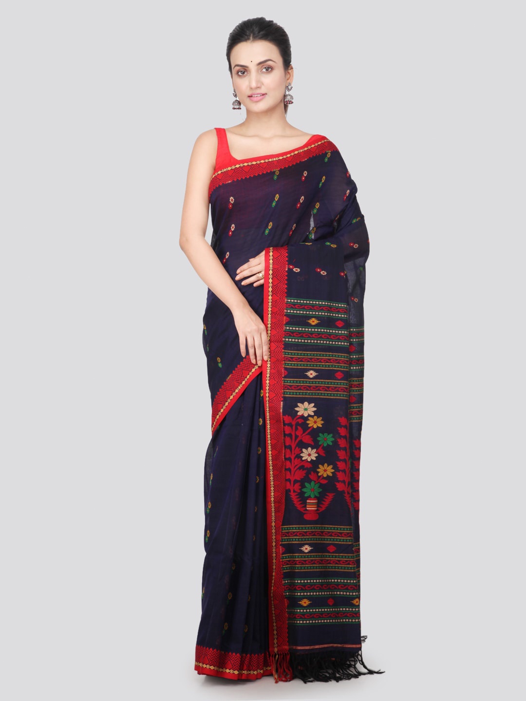 

PinkLoom Floral Woven Design Pure Cotton Saree, Blue