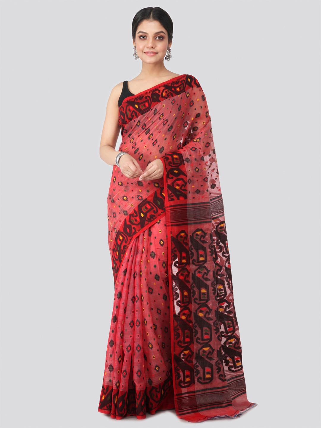 

PinkLoom Ethnic Motifs Woven Design Pure Cotton Jamdani Saree, Red