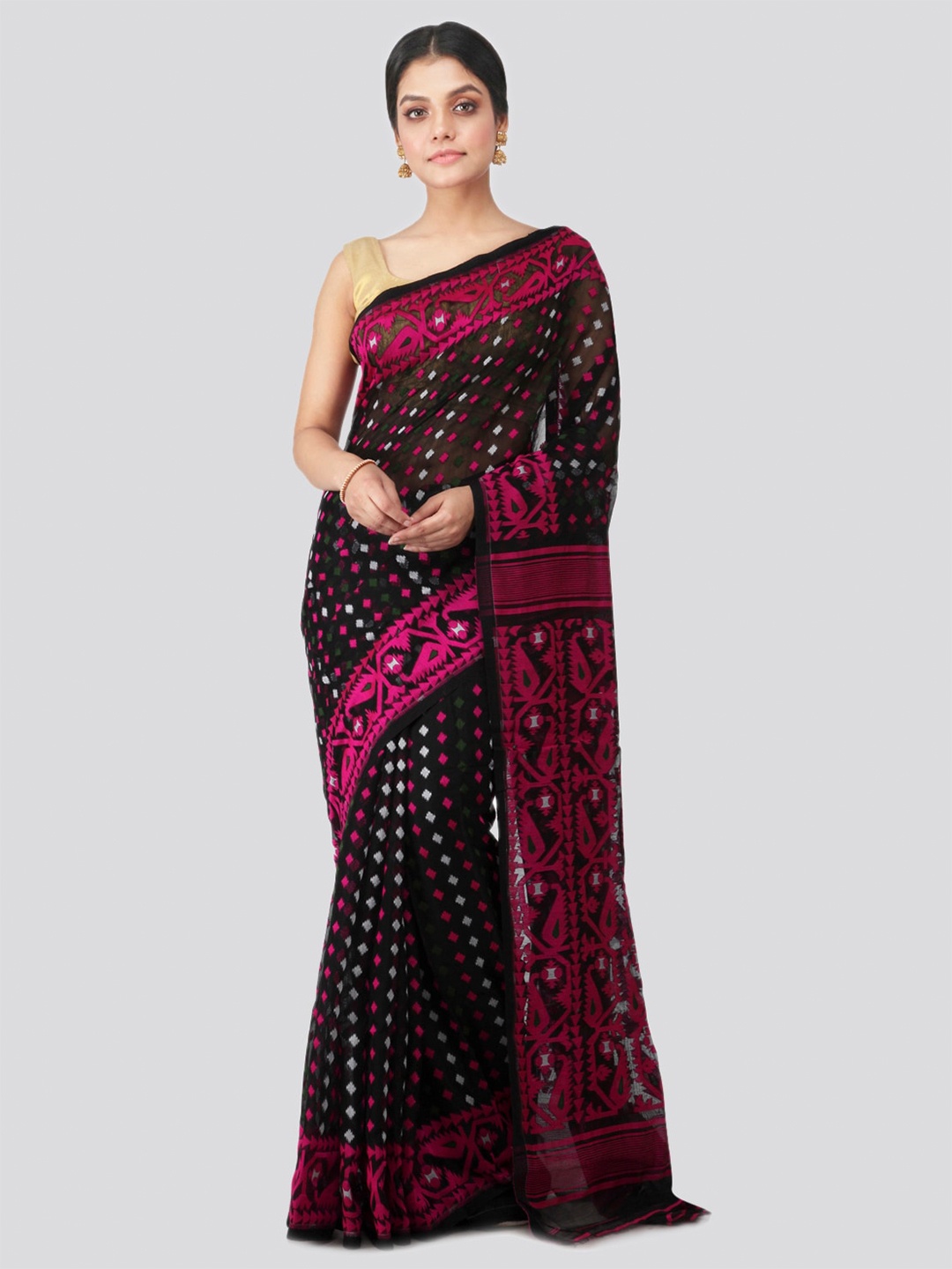 

PinkLoom Ethnic Motifs Woven Design Pure Cotton Jamdani Saree, Black