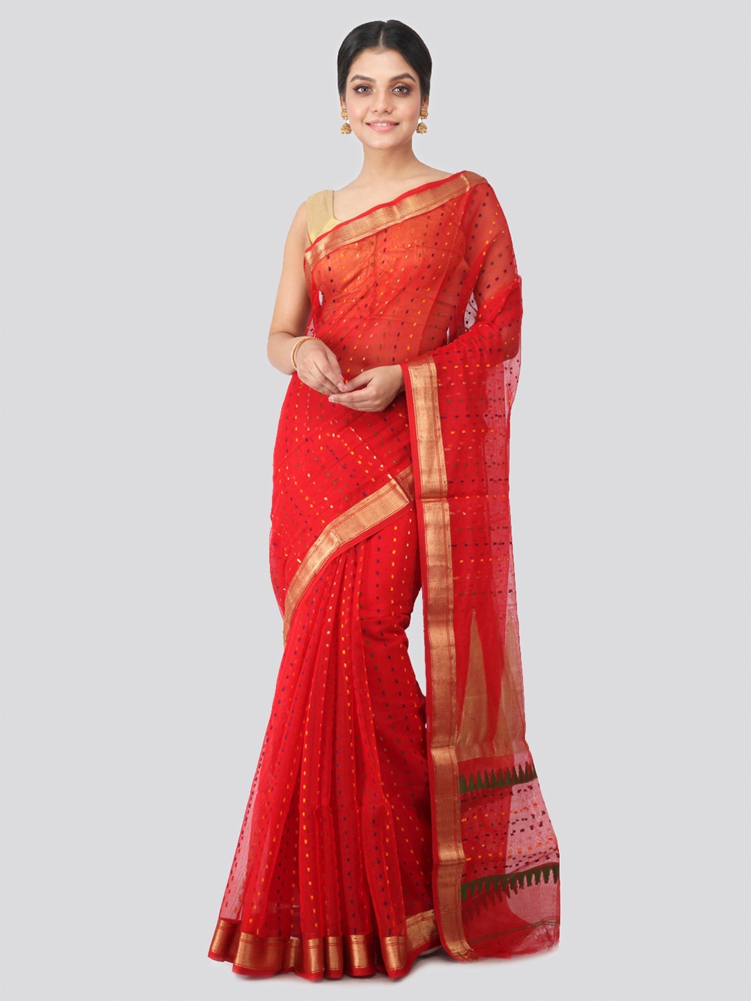 

PinkLoom Woven Design Zari Pure Cotton Saree, Red