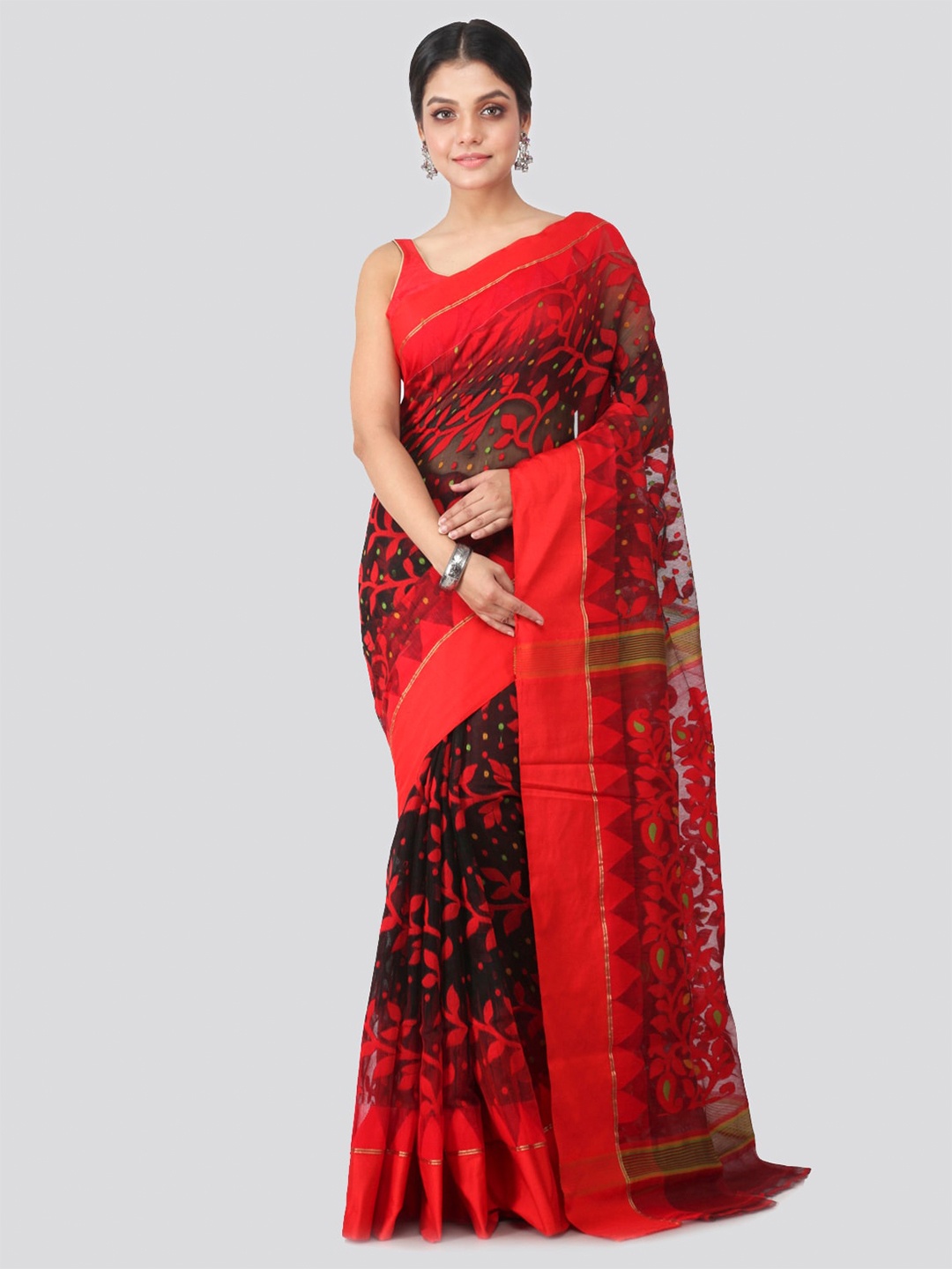 

PinkLoom Woven Design Pure Cotton Jamdani Saree, Red