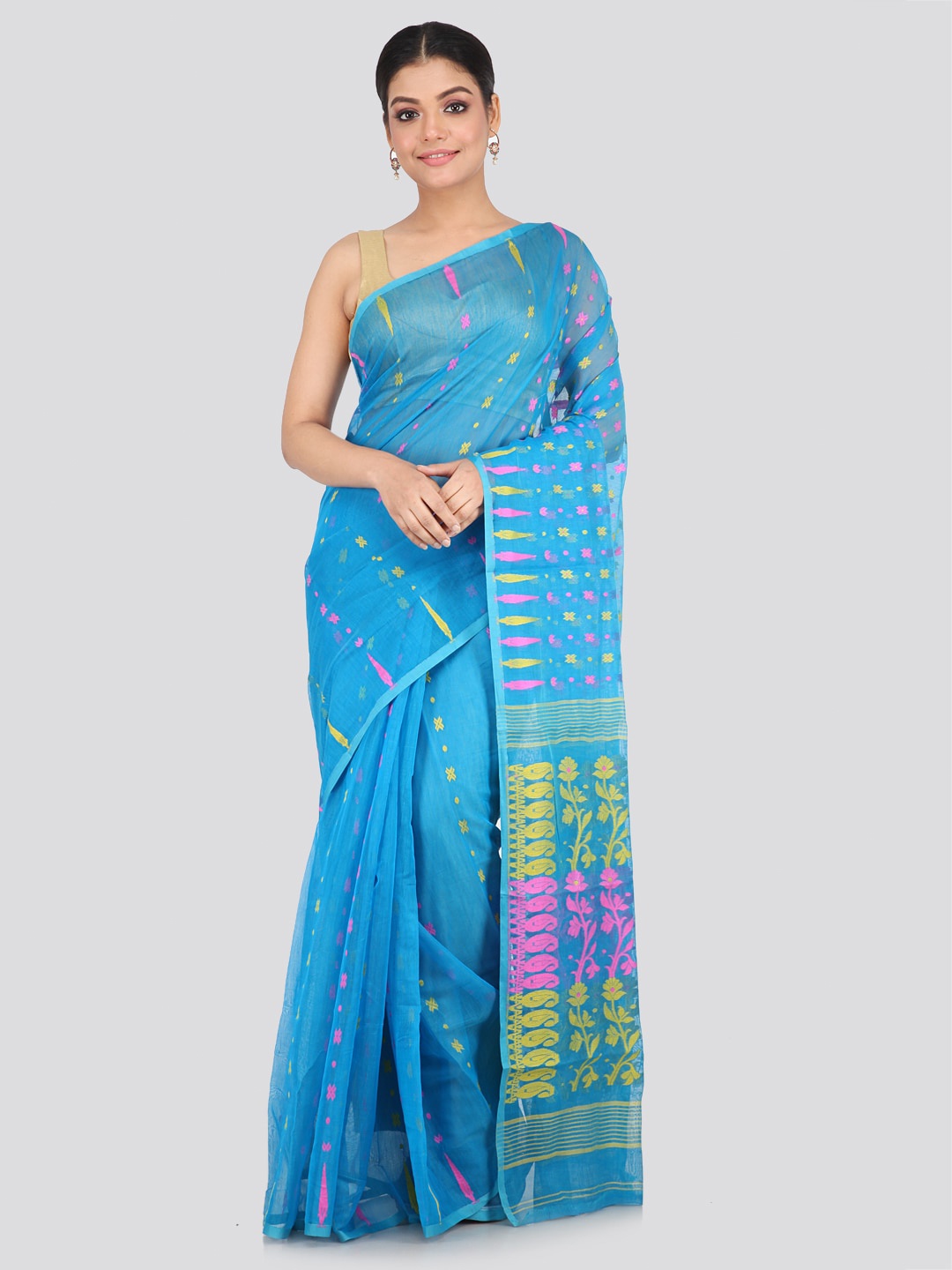 

PinkLoom Ethnic Motifs Woven Design Pure Cotton Jamdani Saree, Blue