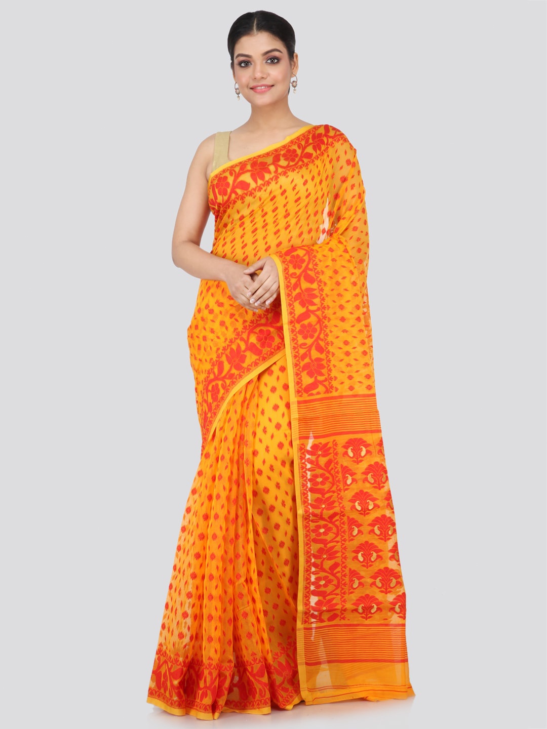 

PinkLoom Woven Design Pure Cotton Jamdani Saree, Yellow