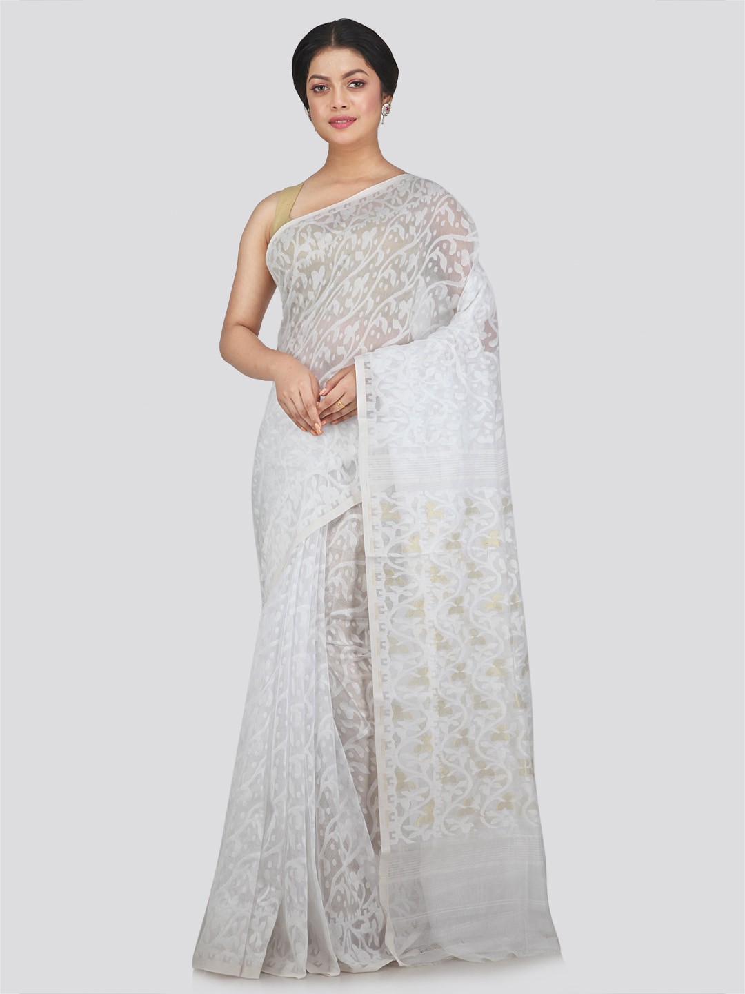 

PinkLoom Floral Woven Design Pure Cotton Jamdani Saree, White