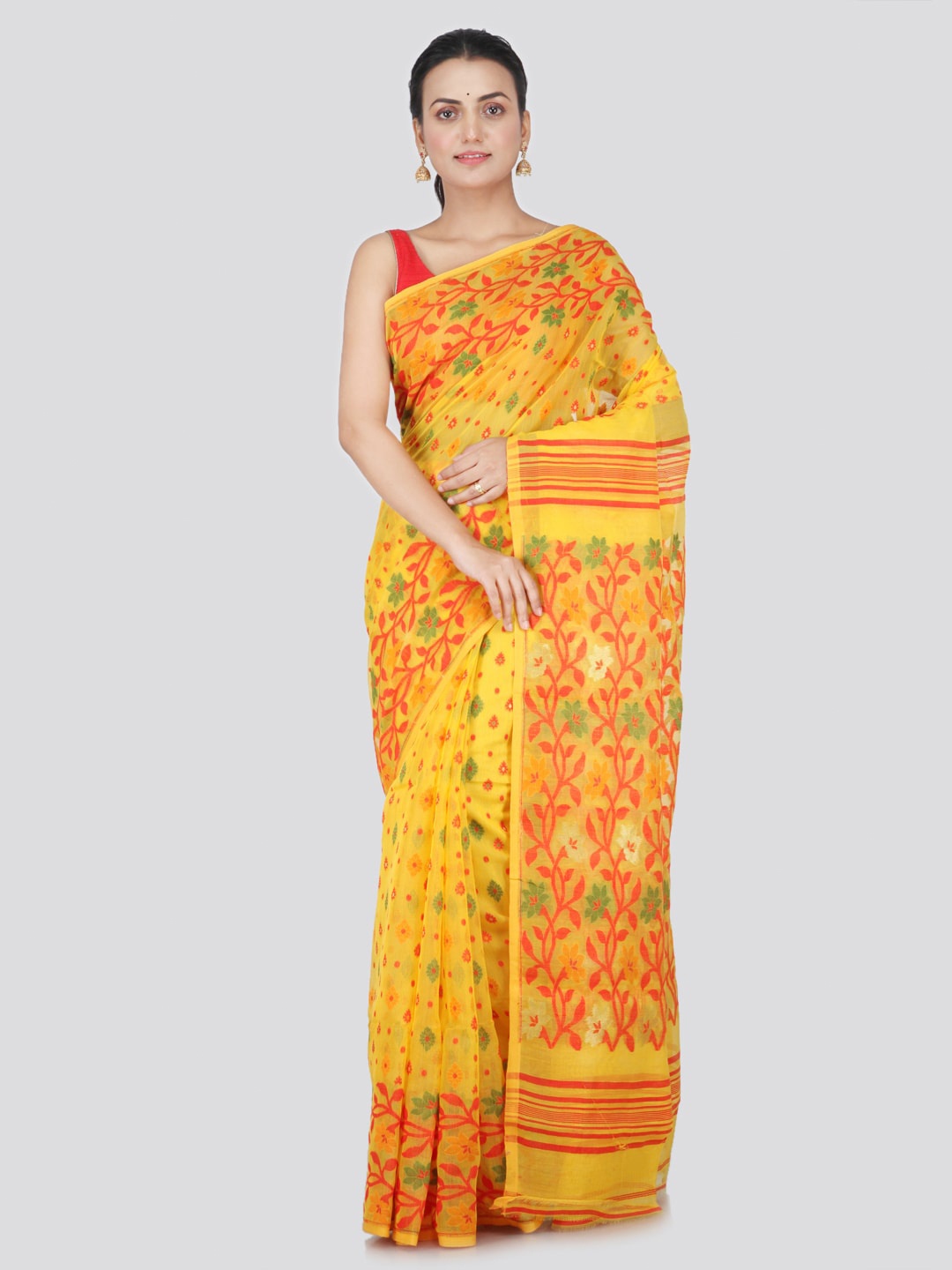 

PinkLoom Floral Woven Design Pure Cotton Jamdani Saree, Yellow