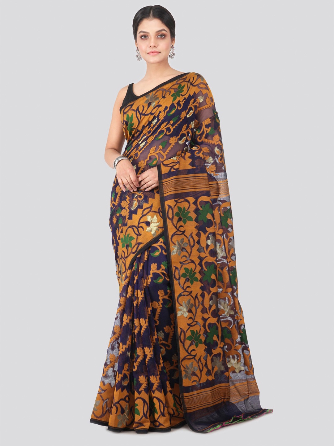 

PinkLoom Floral Woven Design Pure Cotton Jamdani Saree, Blue