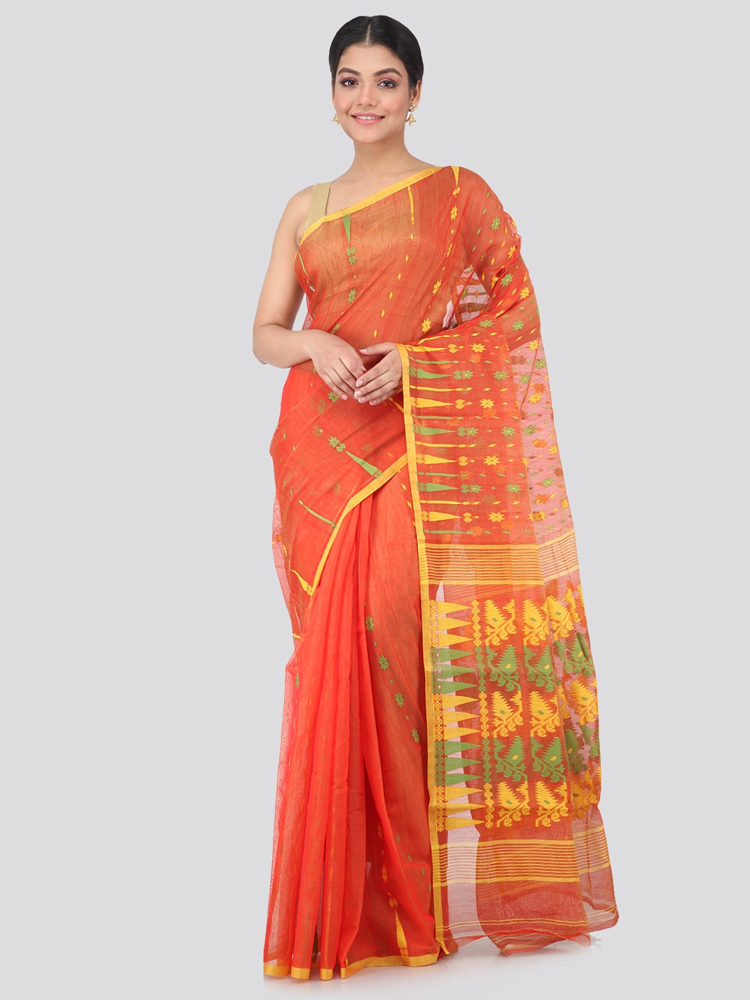 

PinkLoom Floral Woven Design Pure Cotton Jamdani Saree, Orange