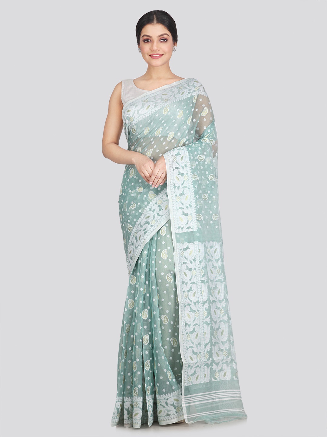 

PinkLoom Paisley Woven Design Pure Cotton Jamdani Saree, Sea green