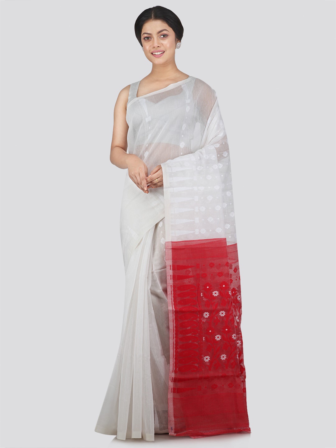 

PinkLoom Ethnic Motifs Woven Design Pure Cotton Jamdani Saree, White