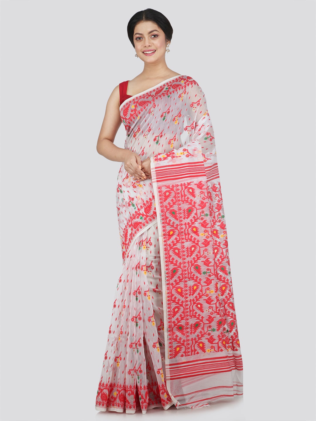 

PinkLoom Floral Woven Design Pure Cotton Jamdani Saree, White