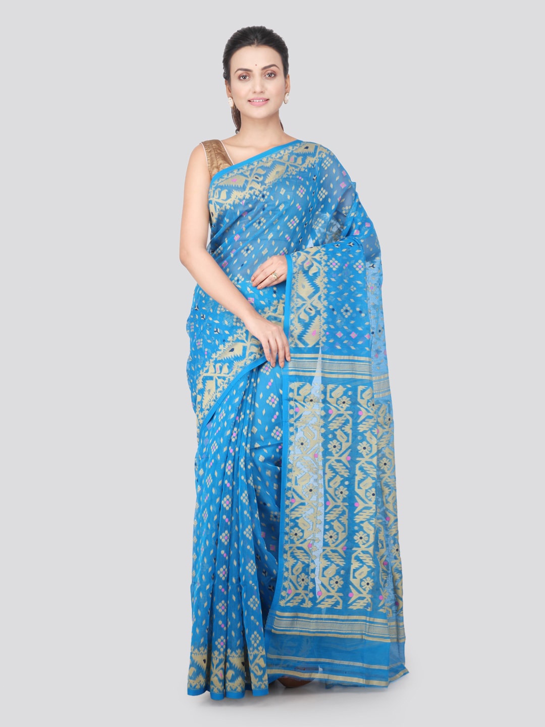 

PinkLoom Woven Design Pure Cotton Jamdani Saree, Turquoise blue