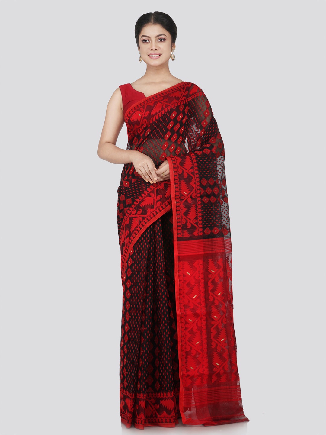 

PinkLoom Woven Design Pure Cotton Jamdani Saree, Black