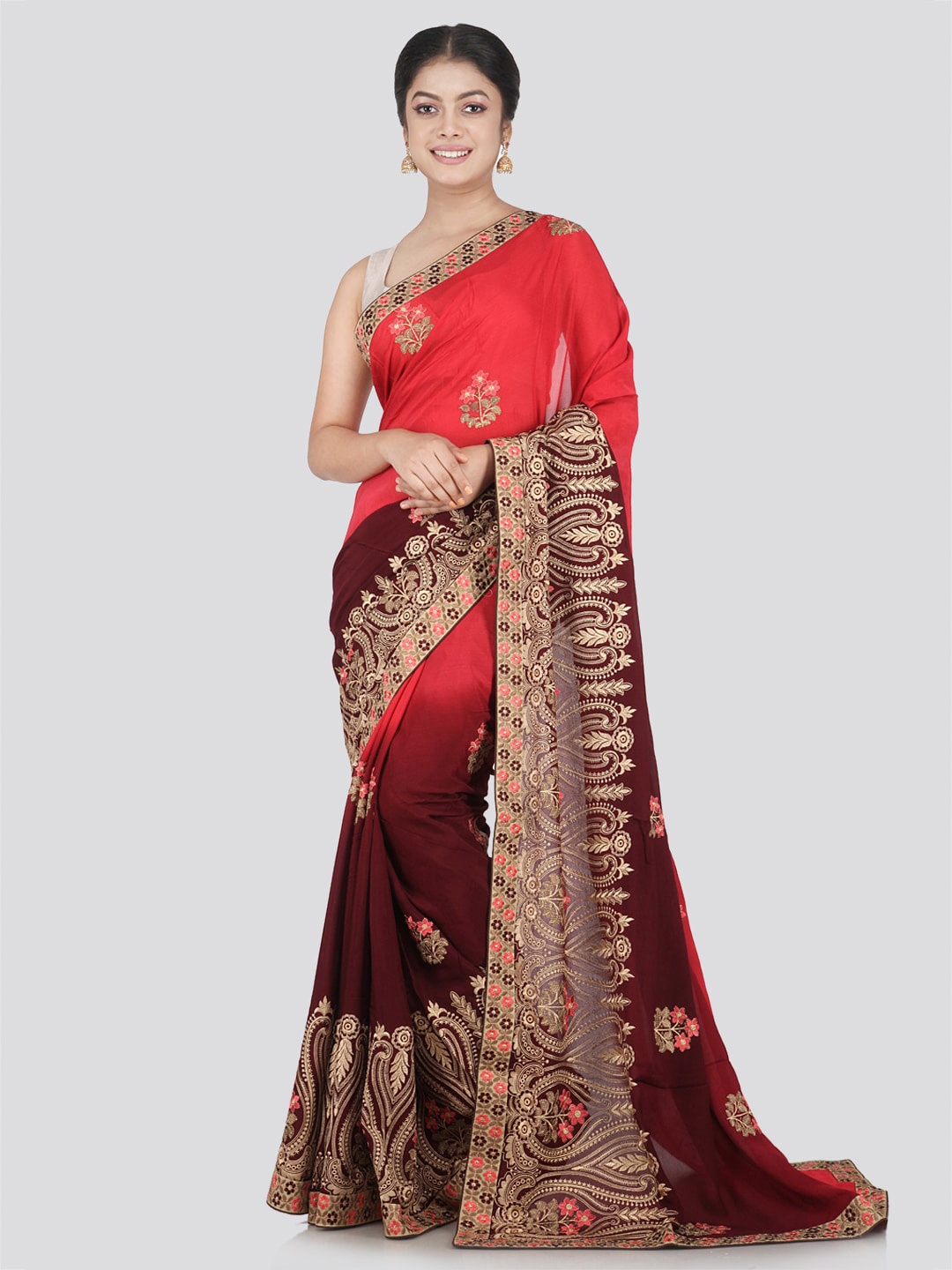 

PinkLoom Ethnic Motifs Embroidered Pure Chiffon Saree, Pink