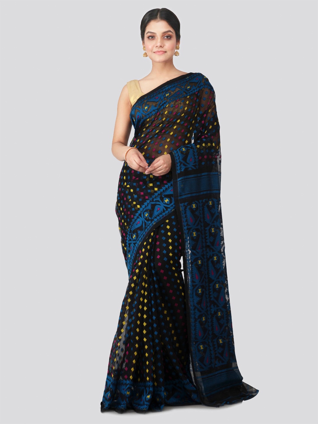 

PinkLoom Woven Design Pure Cotton Jamdani Saree, Black
