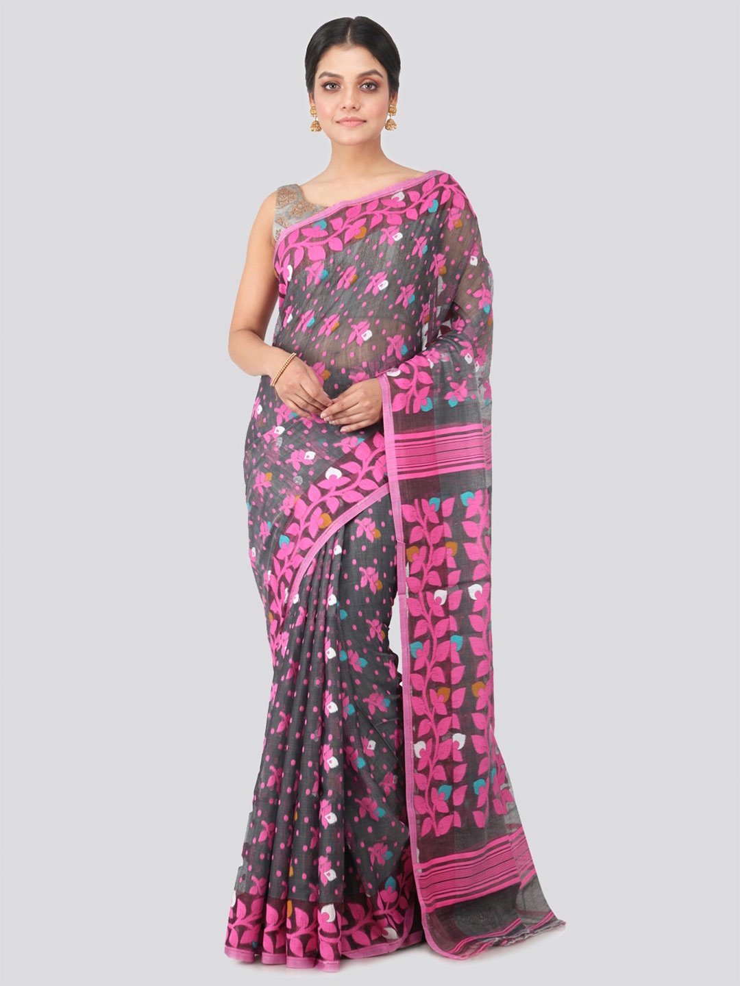 

PinkLoom Woven Design Pure Cotton Jamdani Saree, Grey