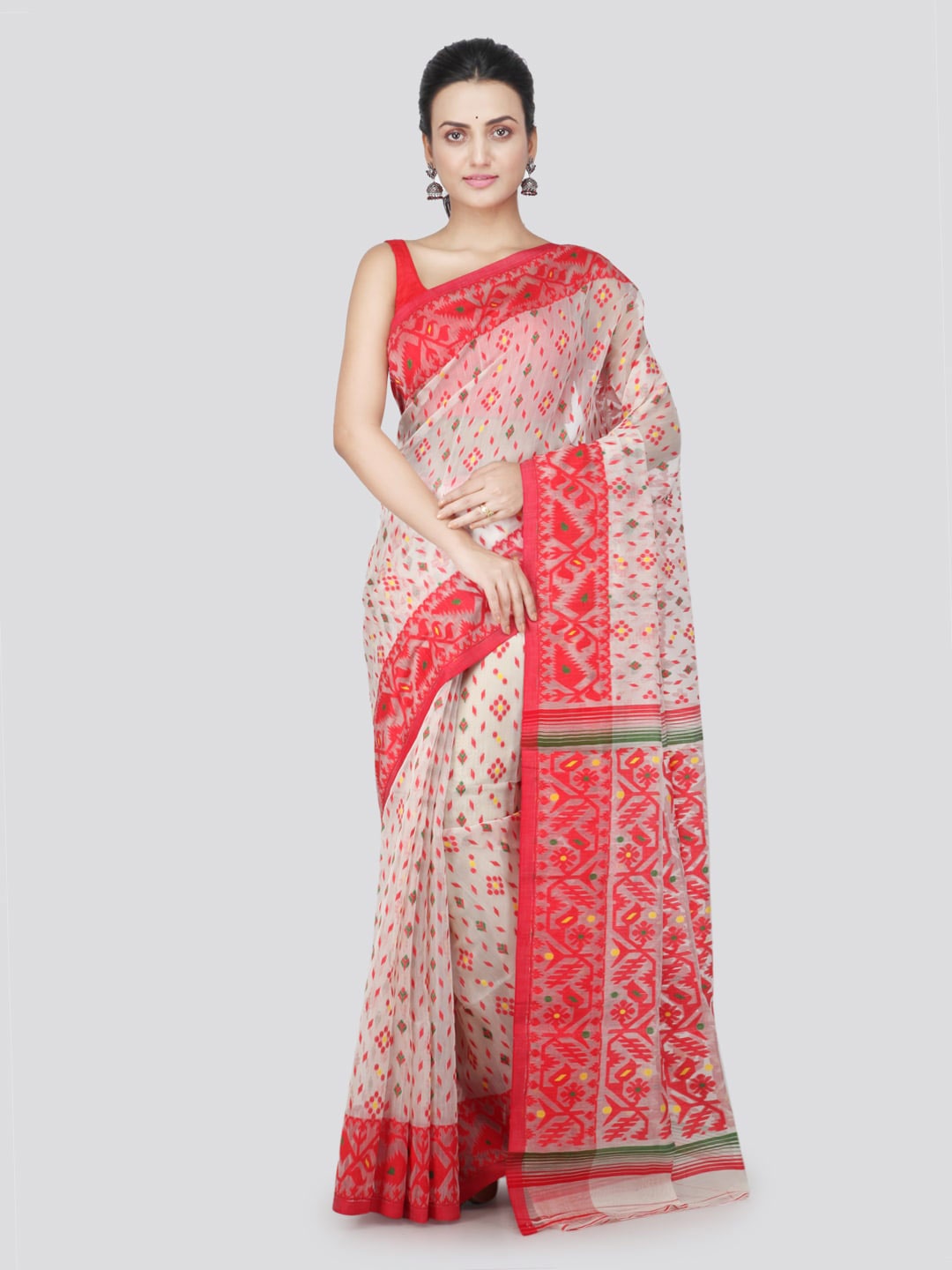

PinkLoom Woven Design Pure Cotton Jamdani Saree, White