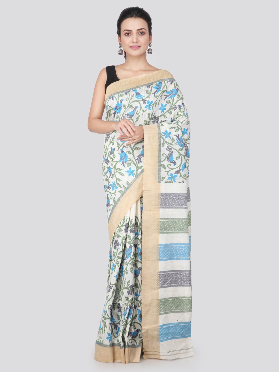 

PinkLoom Floral Woven Design Jute Silk Jamdani Saree, Off white