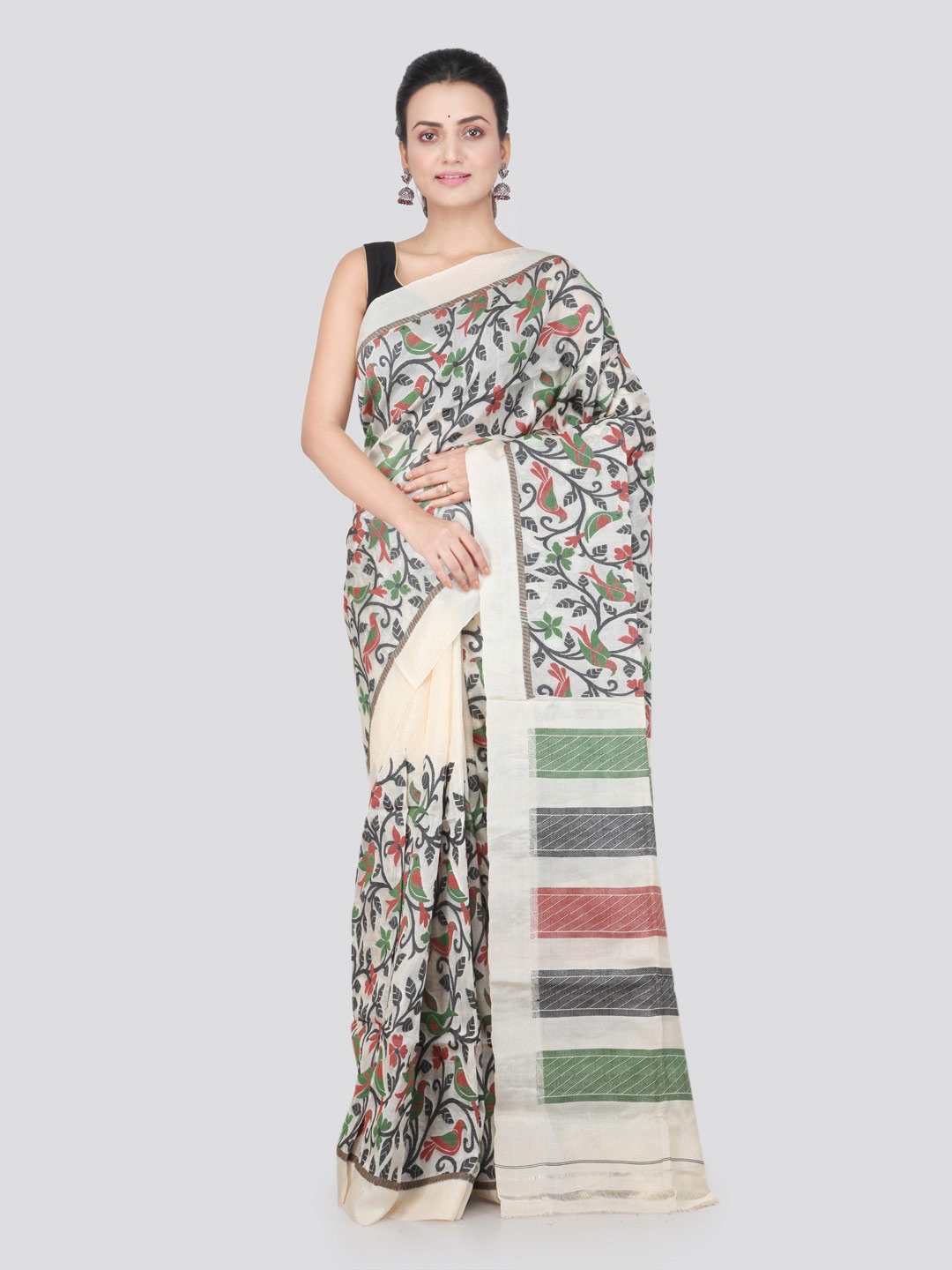 

PinkLoom Floral Jute Silk Jamdani Saree, Beige