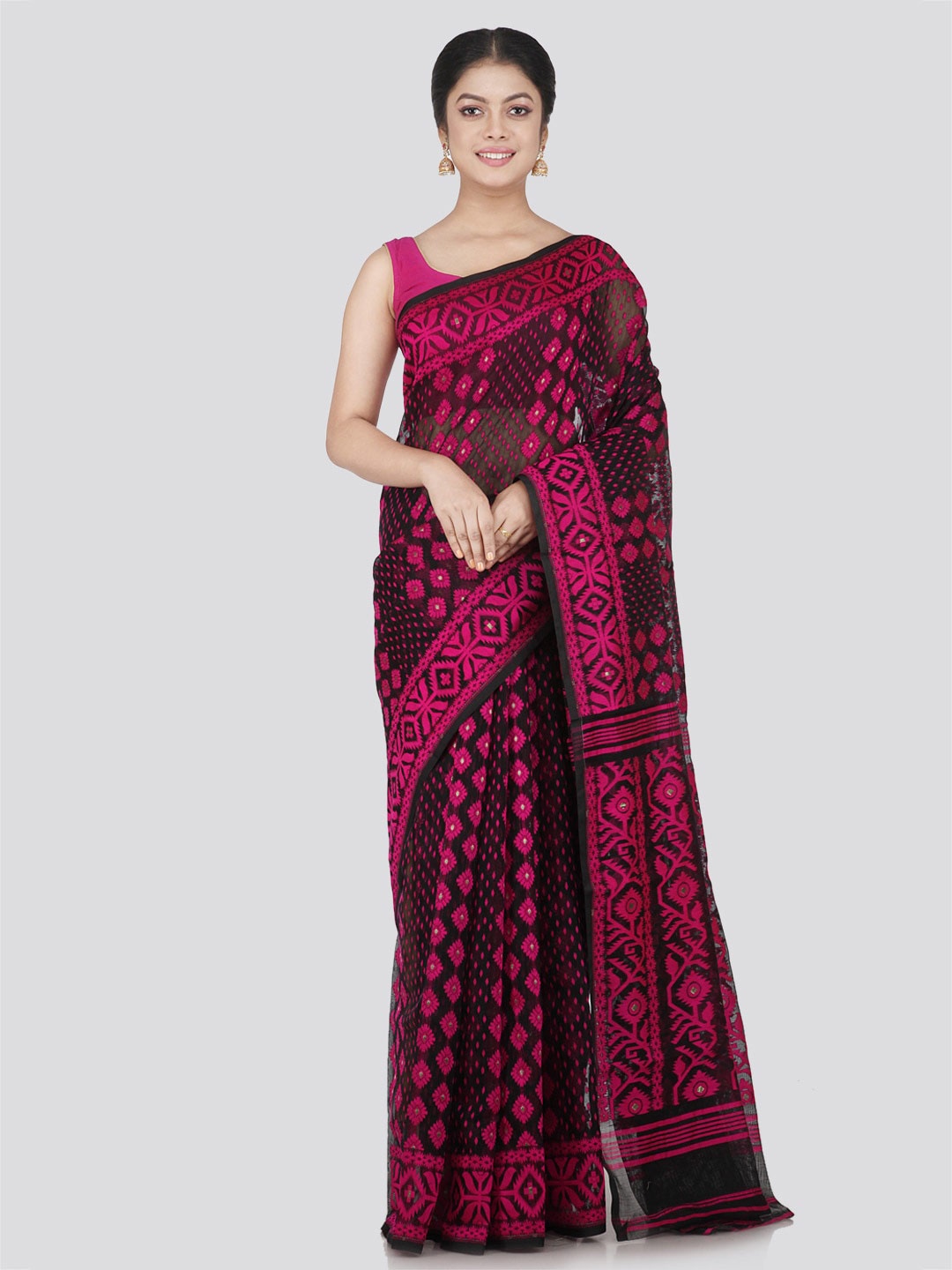 

PinkLoom Ethnic Motifs Pure Cotton Jamdani Saree, Black