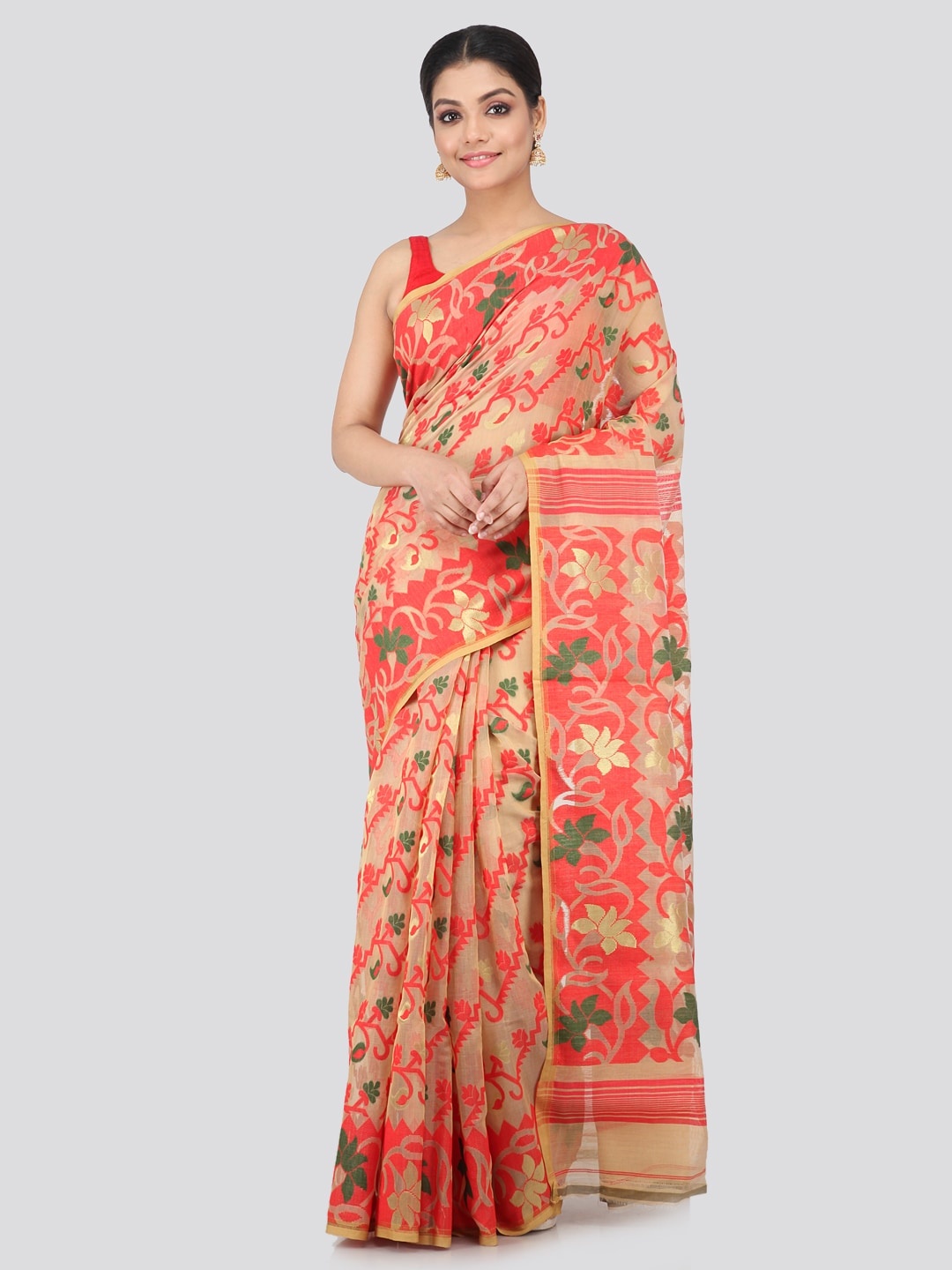 

PinkLoom Floral Woven Design Pure Cotton Jamdani Saree, Beige